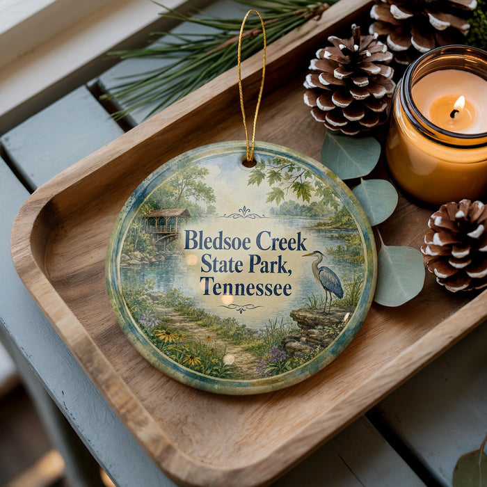 A decorative ornament with a scenic image of Bledsoe Creek State Park, Tennessee, featuring a bird and a path, is displayed on a wooden tray alongside pine cones and a lit candle.