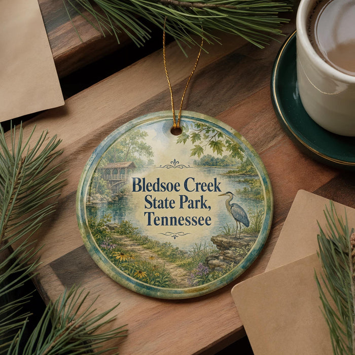 A round ornament with a scenic illustration of Bledsoe Creek State Park, Tennessee, hangs on a wooden surface.