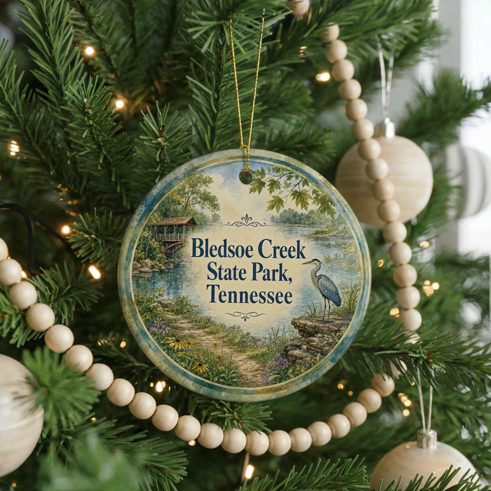 A round ornament hanging on a Christmas tree, featuring a scenic image of Bledsoe Creek State Park, Tennessee.