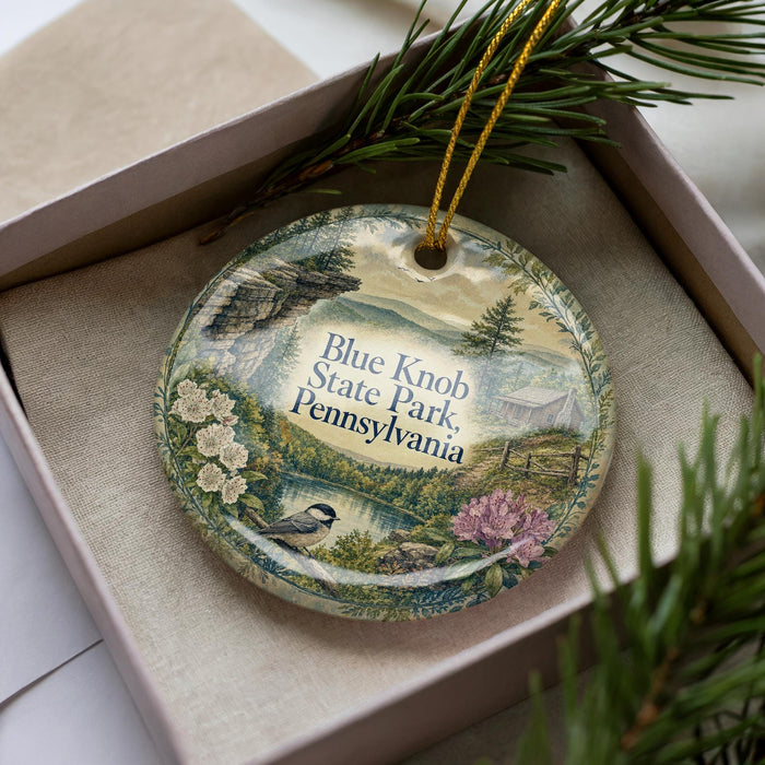 A decorative ornament in a box, featuring a scenic landscape with a bird, flowers, and a mountain backdrop.