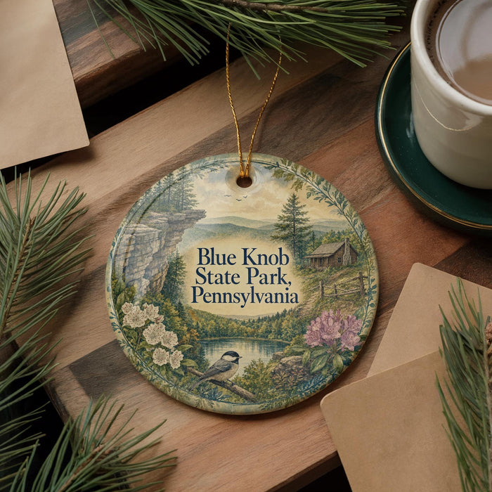 A decorative ornament featuring a scenic landscape with a bird perched on a branch, surrounded by pine branches and flowers, placed on a wooden surface next to a cup of coffee.