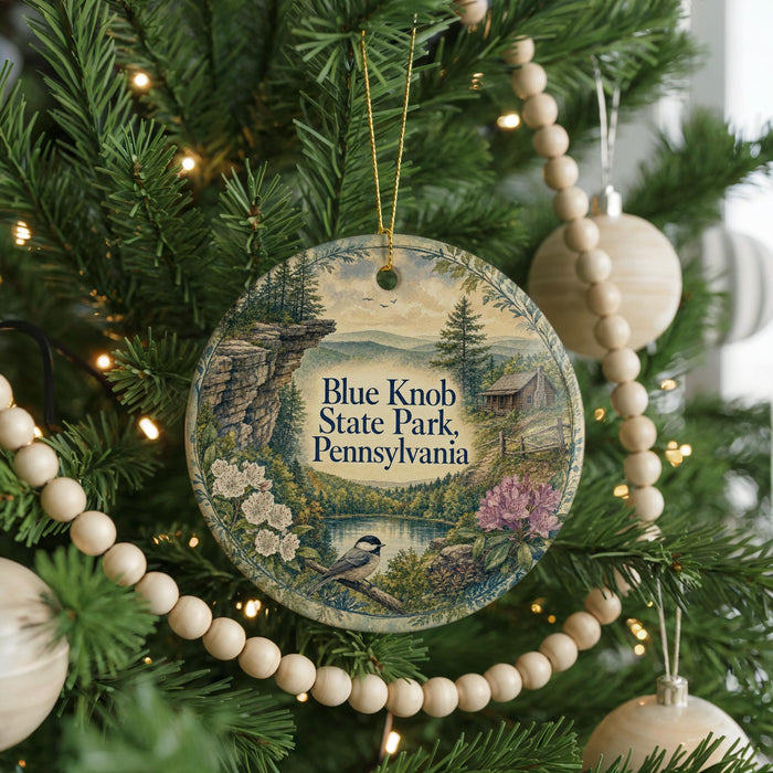 A round ornament hanging on a Christmas tree, featuring a scenic landscape with a mountain, a lake, and a bird.