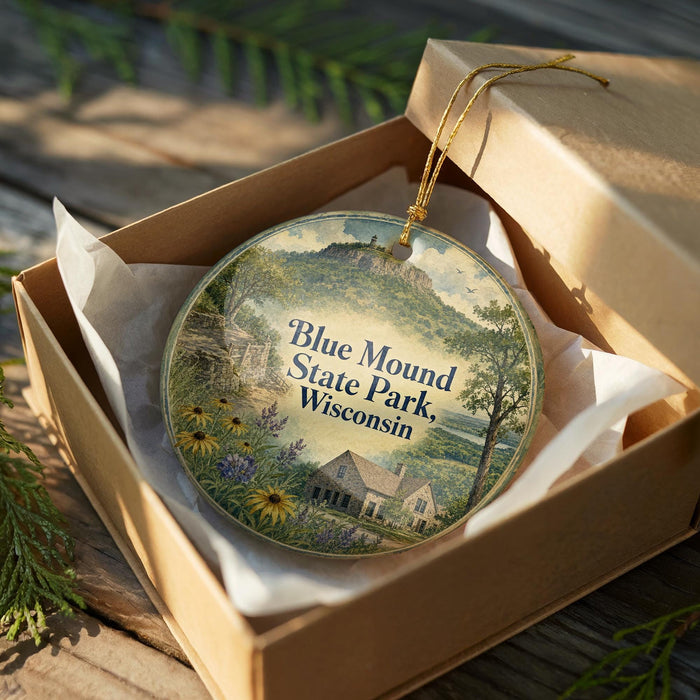 A decorative ornament in a wooden box, featuring a scenic landscape with a house and flowers, with the text "Blue Mound State Park, Wisconsin" prominently displayed.