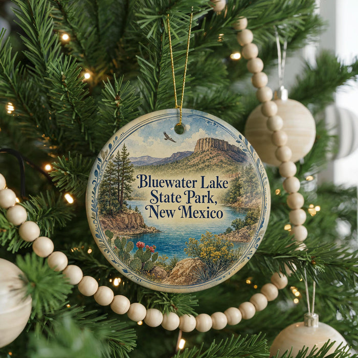 A Christmas tree ornament with a scenic image of Bluewater Lake State Park, New Mexico, surrounded by pine branches and beaded decorations.