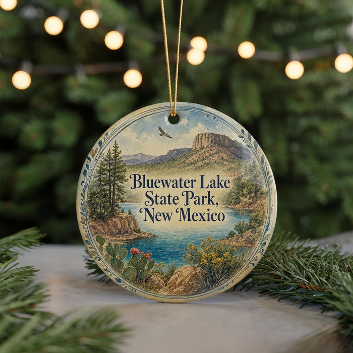 A decorative ornament featuring a scenic landscape of Bluewater Lake, State Park, New Mexico, with a bird flying over the lake and mountains in the background.