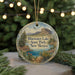 A decorative ornament featuring a scenic landscape of Bluewater Lake, State Park, New Mexico, with a bird flying over the lake and mountains in the background.