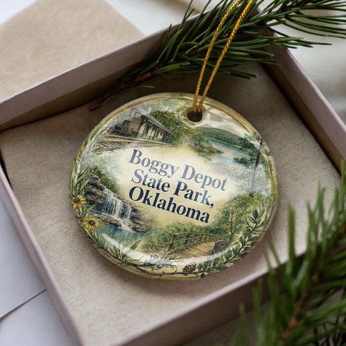 A decorative ornament in a box, featuring a scenic image of Boogy Depot State Park, Oklahoma.