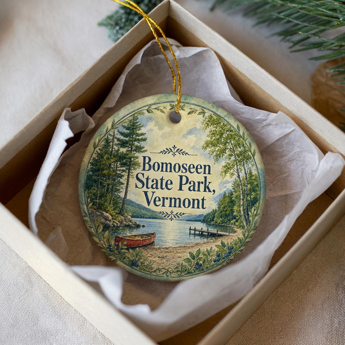 A round ornament with a scenic image of a lake and trees, hanging from a string inside a box.