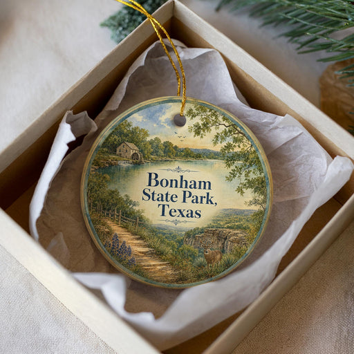 A round ornament with a painting of a scenic landscape, featuring a path leading to a house, a lake, and trees, is displayed in a box.