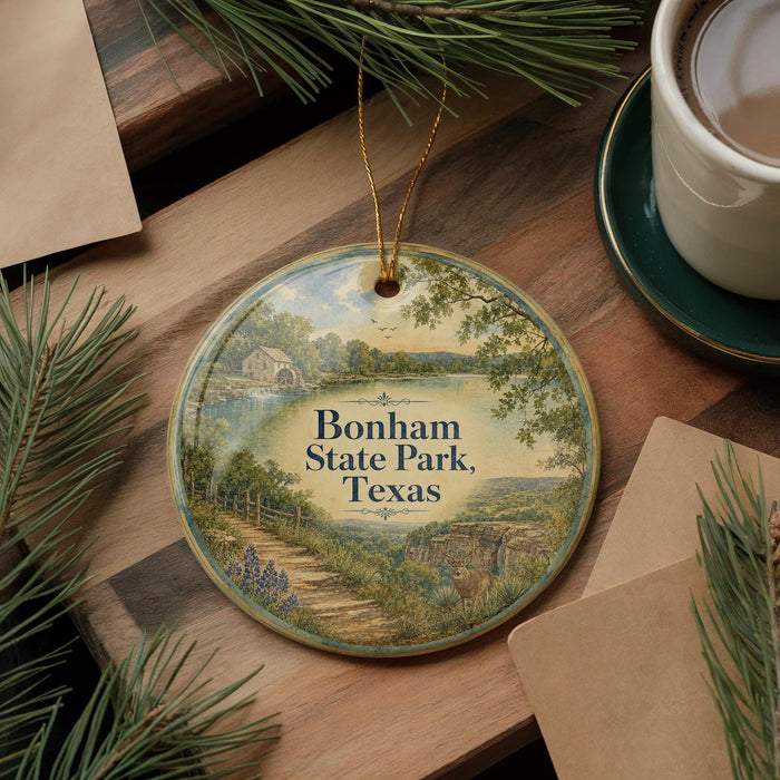 A round ornament with a scenic landscape of Bonham State Park, Texas, hanging on a wooden surface.
