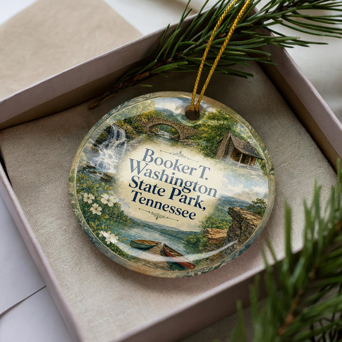 A decorative ornament in a box, featuring a scenic landscape with a river, bridge, and houses, along with the text "Booker T. Washington State Park, Tennessee".
