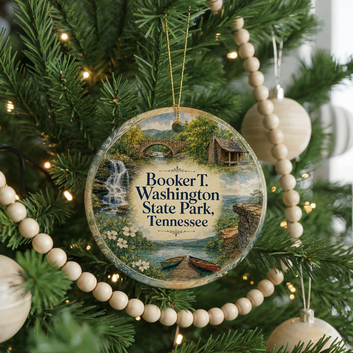 A round ornament hanging on a Christmas tree, featuring a scenic landscape with a waterfall, bridge, and boats.