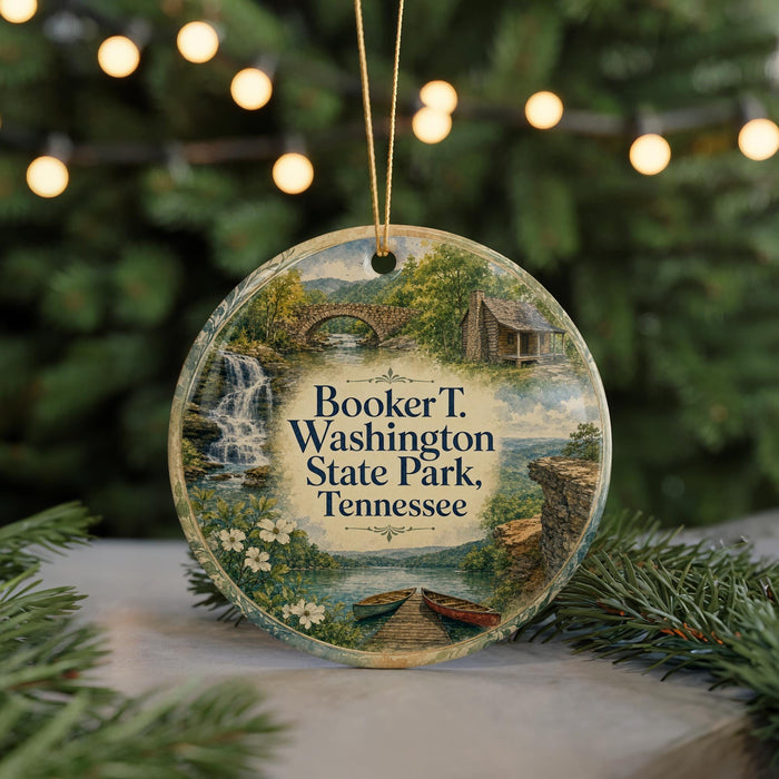 A round ornament with a scenic image of Booker T. Washington State Park, Tennessee, featuring a waterfall, bridge, and boats on a lake.