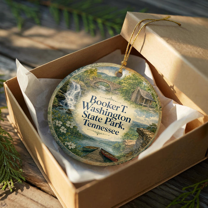 A decorative ornament in a box, featuring a scenic landscape with a river, bridge, and trees.