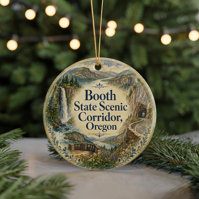 A round ornament with a scenic image of the Booth State Scenic Corridor, Oregon, hanging from a string.