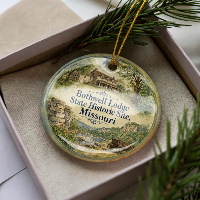 A decorative ornament in a box, featuring a scenic landscape with a lodge and a river.