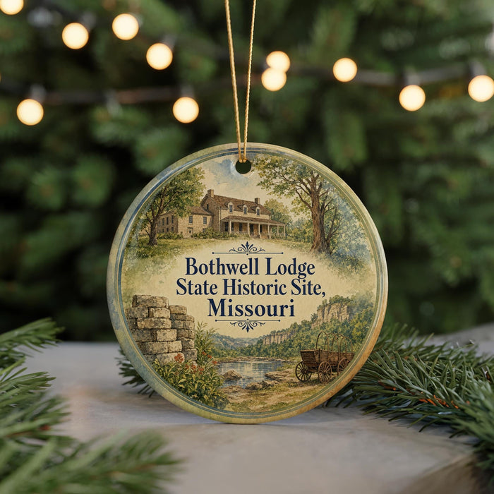 A round ornament with a painting of a lodge and a river, surrounded by greenery, hangs in front of a blurred background with twinkling lights.