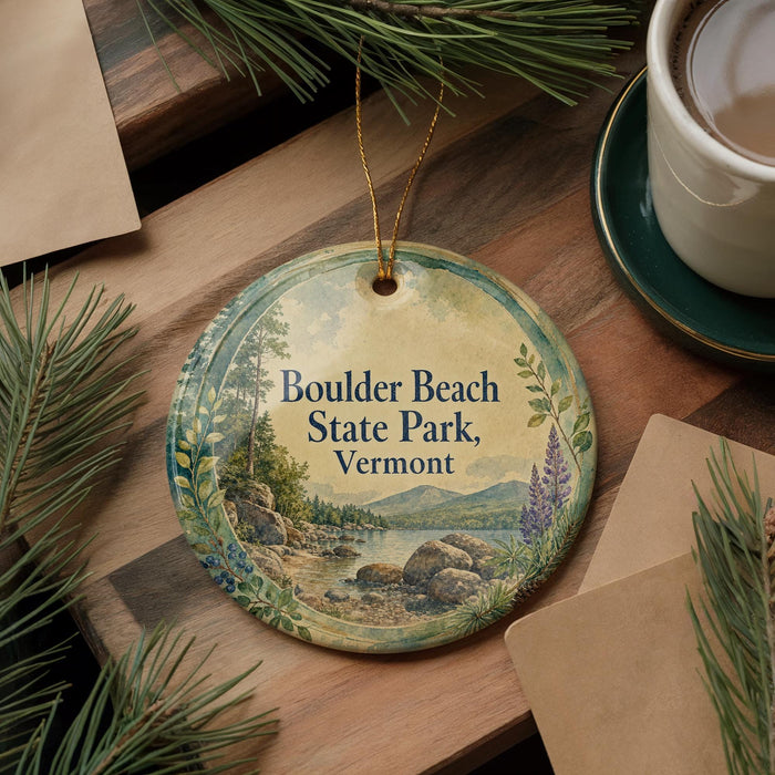 A decorative ornament with the text "Boulder Beach State Park, Vermont" on it, surrounded by pine branches and a cup of coffee on a wooden surface.