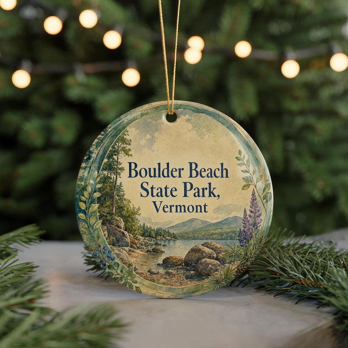 A round ornament with a scenic landscape of Boulder Beach State Park, Vermont, featuring a lake, mountains, and pine trees.