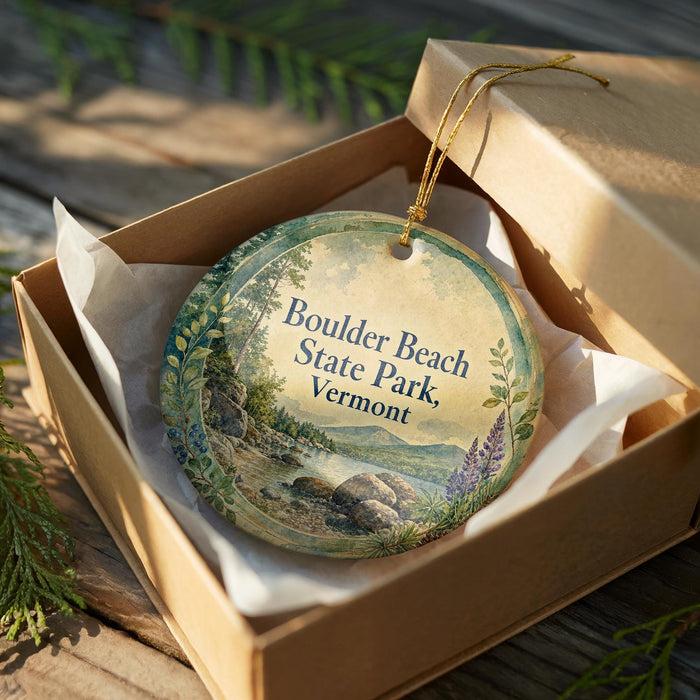 A decorative ornament in a box, featuring a scenic landscape of Boulder Beach State Park in Vermont.