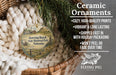 Ceramic ornaments, specifically a Bowing Ranch State Historical Park, Nebraska ornament, are displayed in a woven basket. The ornament features a rural landscape with a barn and a house. The text highlights the ornament's features, such as being cozy, high-quality, and long-lasting, and mentions that it is shipped fast and comes with holiday packaging. The ornament is described as not peeling or fading over time.