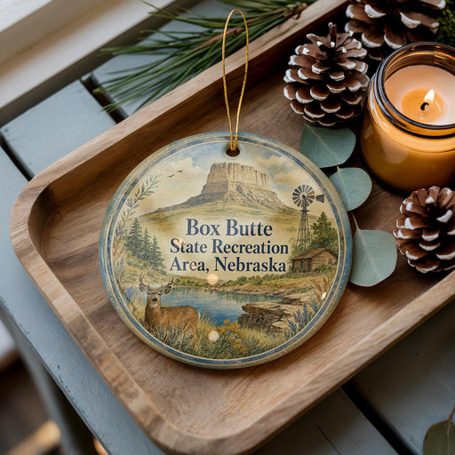 A wooden tray with a decorative ornament featuring a scenic landscape of Box Butte State Recreation Area, Nebraska, and pine cones.