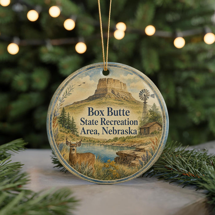 A round ornament with a scenic illustration of a mountain, windmill, and deer, hanging from a string.