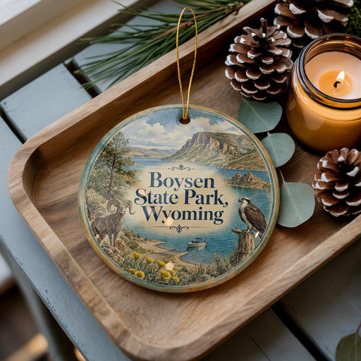 A wooden tray with a decorative ornament featuring a scenic landscape of Boysen State Park, Wyoming, along with pine cones and a lit candle.