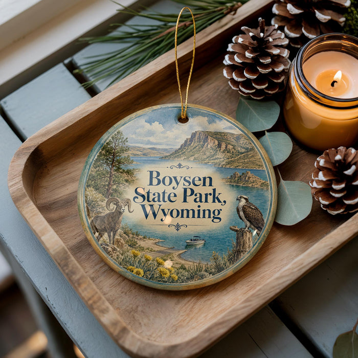 A wooden tray with a decorative ornament featuring a scenic landscape of Boysen State Park, Wyoming, along with pine cones and a lit candle.