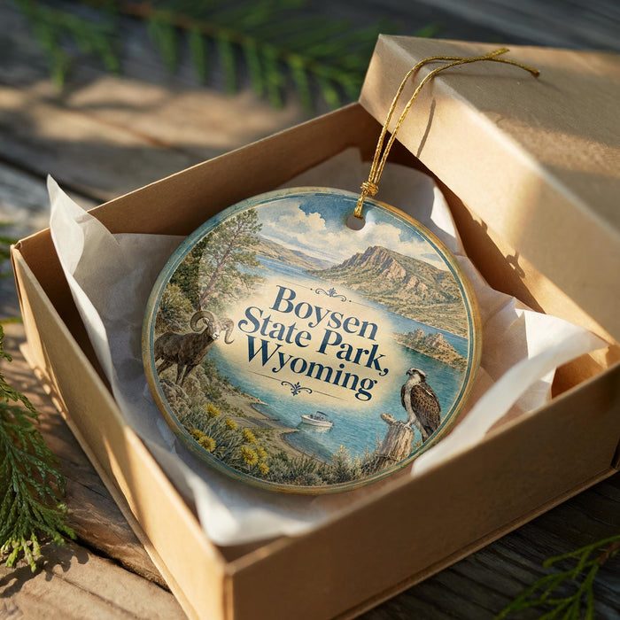 A circular ornament in a box, featuring a scenic landscape with mountains, water, and wildlife, including a bird and a deer.