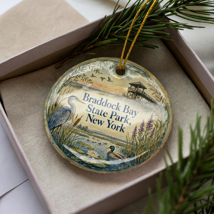 A decorative ornament in a box, featuring a scenic image of Braddock State Park in New York.