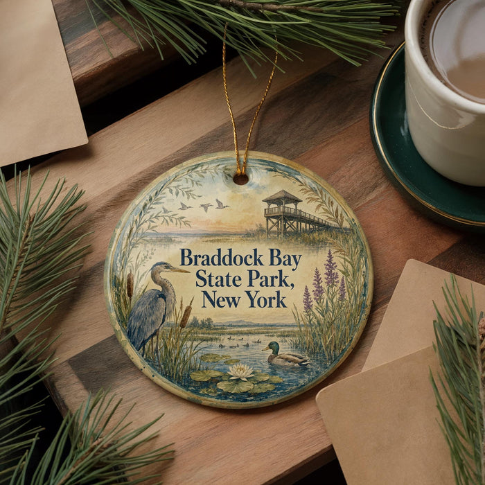 A decorative ornament featuring a serene scene of birds, a pond, and a pier at Braddock Bay State Park, New York.