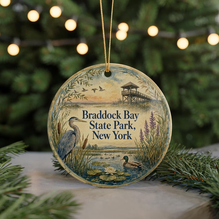 A round ornament with a painting of a heron and ducks in a pond, surrounded by greenery, with the text "Bradlock Bay State Park, New York" displayed on it.