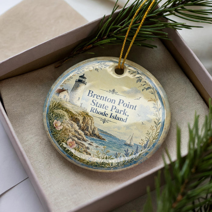 A decorative ornament in a box, featuring a lighthouse and a coastal scene, with the text "Brenton Point State Park, Rhode Island" on it.