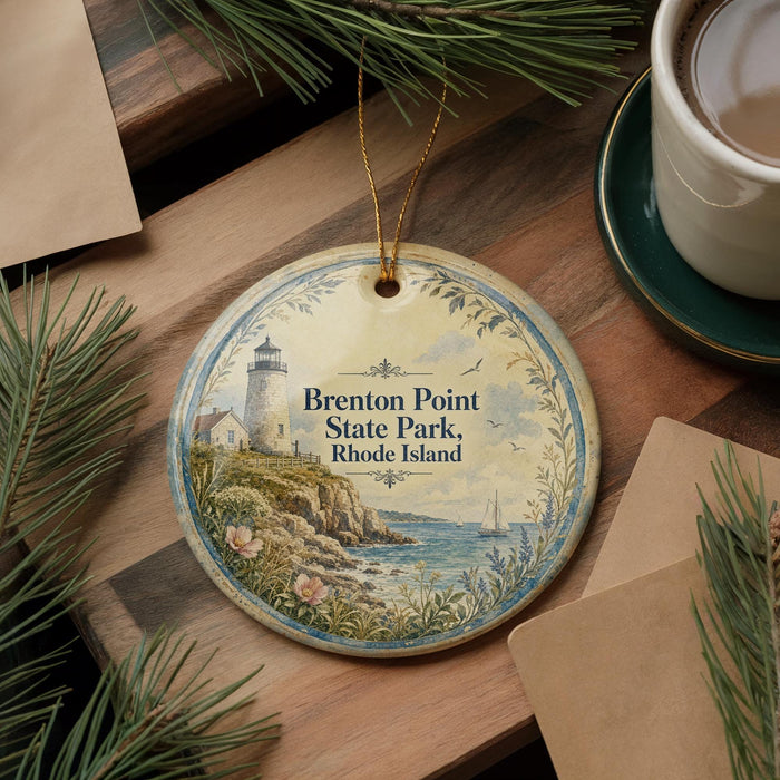 A round ornament with a lighthouse and coastal scene, placed on a wooden surface next to a cup of coffee and some pine branches.