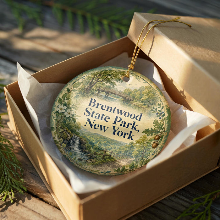 A round ornament in a box, featuring a scenic landscape with a waterfall and trees, with the text "Brentwood State Park New York" printed on it.