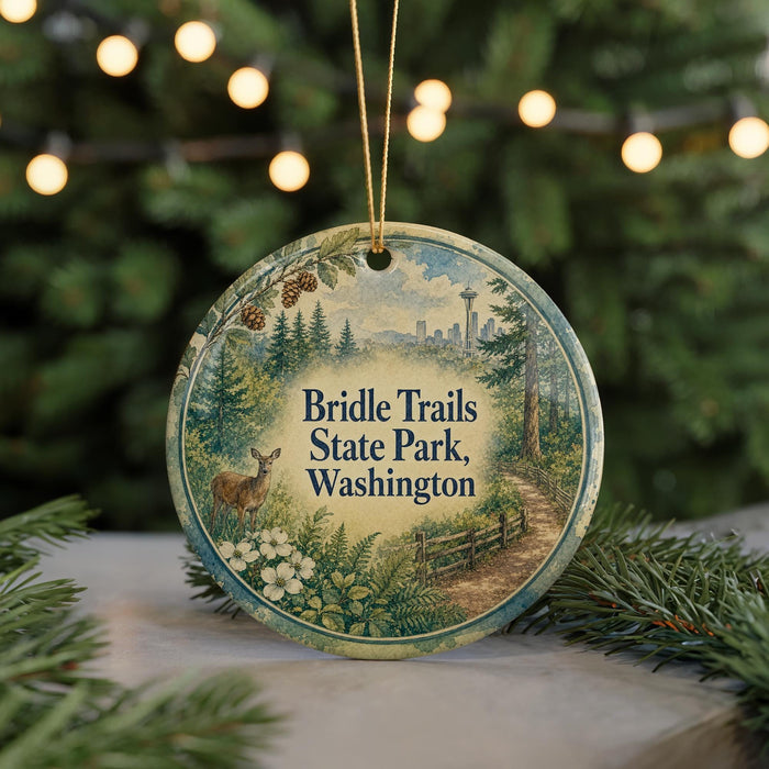 A round ornament with a scenic illustration of a forest and a deer, featuring the text "Bridle Trails State Park, Washington".