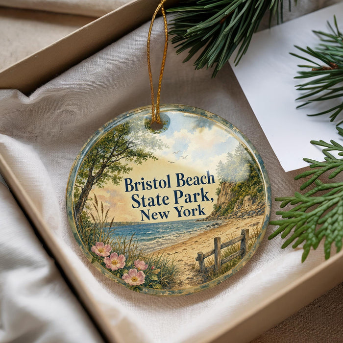A decorative ornament with a scenic beach landscape, featuring a sandy beach, a body of water, and a tree, is displayed in a box.