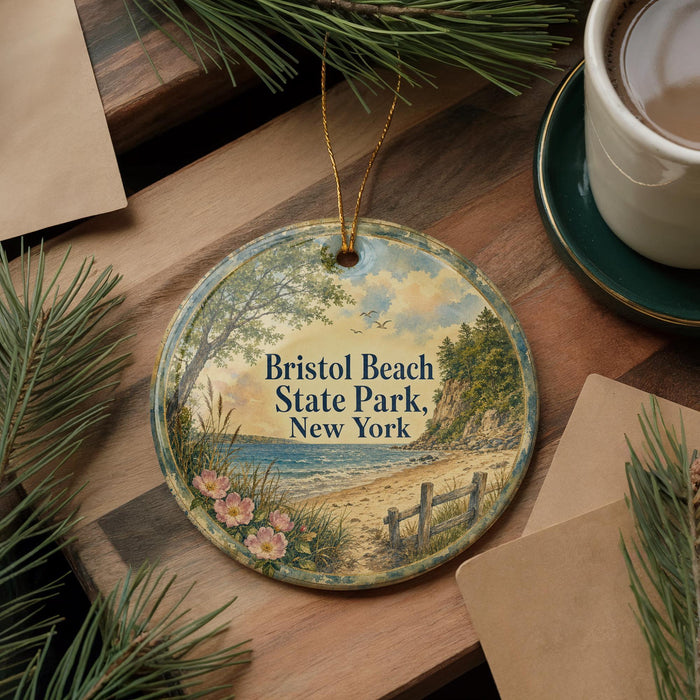 A decorative ornament featuring a scenic beach landscape with pine trees, a wooden fence, and a body of water, hanging on a wooden surface.