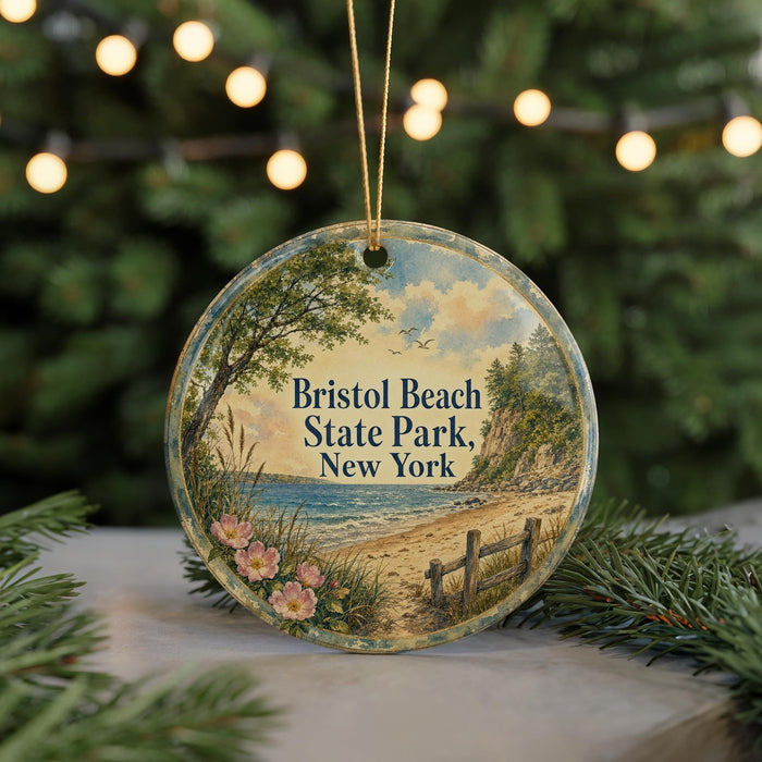 A round ornament with a scenic beach landscape and text, hanging on a string.