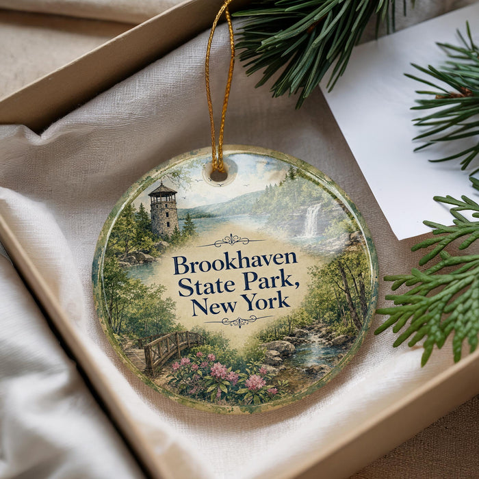 A round ornament with a scenic image of Brookhaven State Park, New York, hanging from a string.