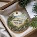 A round ornament with a scenic image of Brookhaven State Park, New York, hanging from a string.