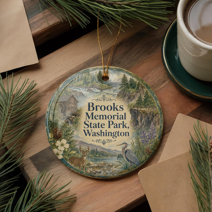 A round ornament with a scenic illustration of Brooks Memorial State Park, Washington, featuring a bird, pine trees, and a waterfall.
