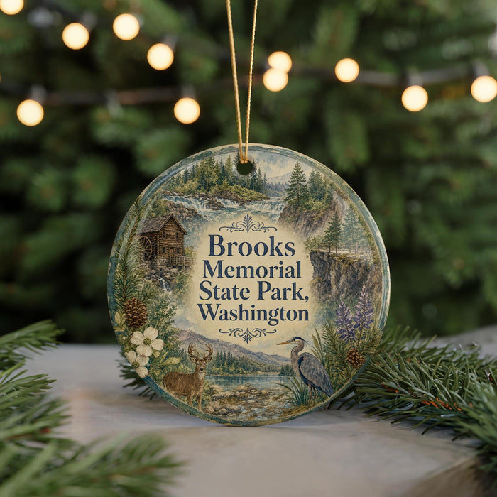 A circular ornament with a scenic landscape and wildlife, featuring a cabin, trees, and a bird, hangs in front of a Christmas tree with lights.