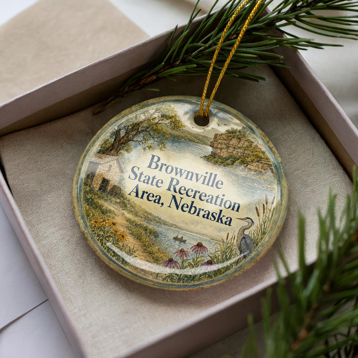 A decorative ornament with a landscape scene and text, placed in a box with pine branches.