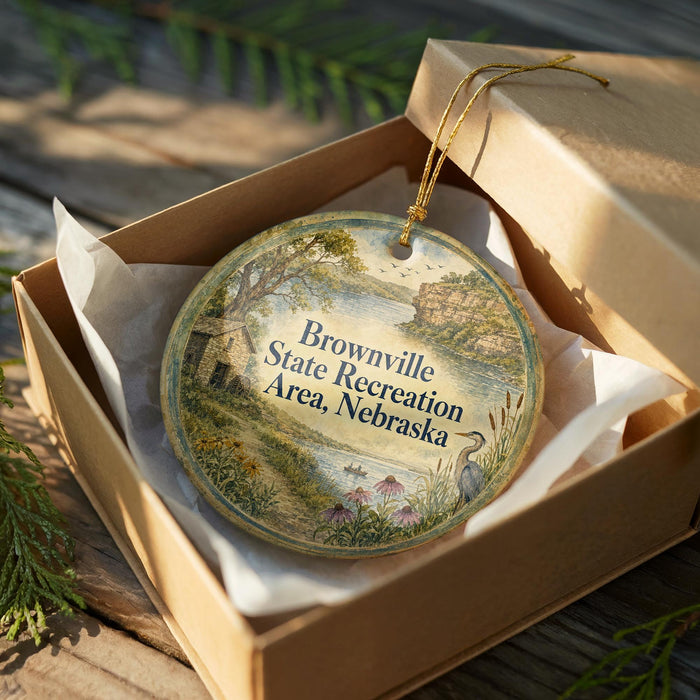 A round ornament in a brown box, featuring a scenic landscape with a lake, trees, and birds, along with the text "Brownville State Recreation Area, Nebraska".