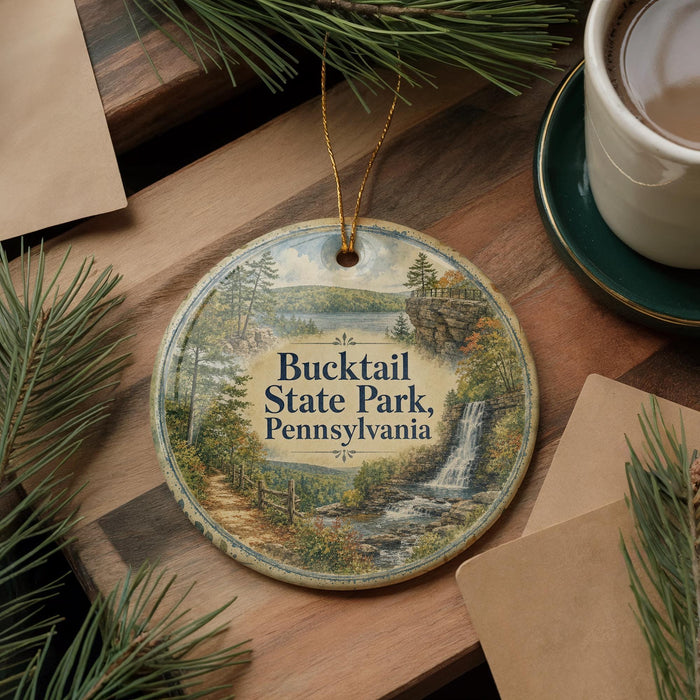 A decorative ornament featuring a scenic landscape of Bucktail State Park, Pennsylvania, with a waterfall and pine trees.