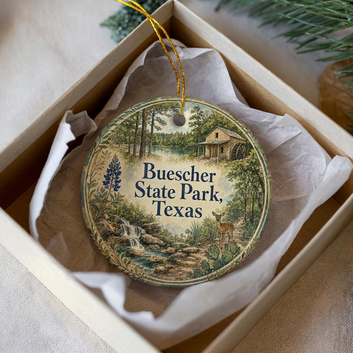 A decorative ornament in a box, featuring a scenic illustration of Buescher State Park, Texas.