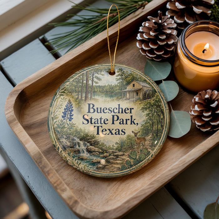 A decorative ornament with a scenic illustration of Buescher State Park, Texas, is displayed on a wooden tray alongside pine cones and a lit candle.