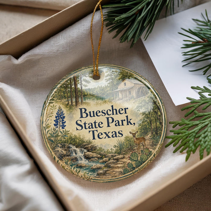 A decorative ornament with a scenic landscape of Buescher State Park, Texas, featuring a deer, pine trees, and a waterfall.